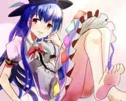 1girl bad_feet bad_id bad_pixiv_id barefoot blue_hair female_focus food fruit hat hinanawi_tenshi hizagawa_rau long_hair peach red_eyes sketch solo thighs touhou very_long_hair