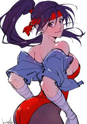 1girl absurdres artist_name ass bandaged_hand bandages bare_shoulders breakers breasts brown_eyes brown_hair closed_mouth commentary_request cropped_jacket headband highres jacket leotard lips looking_at_viewer looking_back medium_breasts off_shoulder open_clothes open_jacket pantyhose ponytail red_leotard signature simple_background sleeveless sleeveless_jacket smile solo strapless strapless_leotard strikebeagle tia_langray white_background