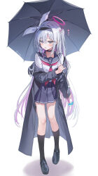 1girl alternate_costume black_hairband black_jacket black_shoes black_socks black_umbrella blue_archive blue_sailor_collar blue_skirr blush braid grey_eyes grey_hair hair_between_eyes hair_ribbon hairband highres holding holding_umbrella huwari_(dnwls3010) jacket kneehighs long_hair looking_at_viewer neckerchief pink_neckerchief plana_(blue_archive) pleated_skirt ribbon sailor_collar shoes sidelocks single_braid skirt socks solo umbrella white_ribbon