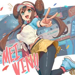 1girl absurdres bag black_pantyhose blue_eyes blush bracelet breasts brown_hair donut_hair_bun double_bun hair_bun hat highres ishijimajirou jewelry large_breasts long_hair looking_at_viewer navel nintendo open_mouth pantyhose pantyhose_under_shorts pokemon pokemon_bw2 raglan_sleeves rosa_(pokemon) shirt shorts shoulder_bag smile solo stomach sweat sweatdrop twintails v visor_cap yellow_shorts