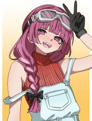 1girl :d absurdres alternate_costume aqua_overalls bare_shoulders black_bow black_gloves blunt_bangs blush bocchi_the_rock! border bow braid braided_ponytail commentary english_commentary full-face_blush ghuler gloves goggles goggles_on_head gradient_background hair_bow hand_up head_tilt highres hiroi_kikuri light_blush long_hair looking_at_viewer low_ponytail no_pupils open_mouth outside_border overalls pink_eyes pink_hair ponytail red_sweater sharp_teeth sidelocks single_off_shoulder ski_goggles sleeveless sleeveless_sweater smile solo sweater teeth turtleneck turtleneck_sweater upper_body upper_teeth_only v white_border yellow_background