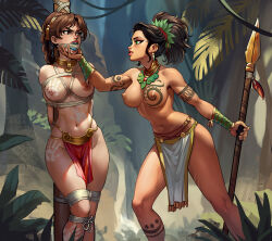 2girls bdsm black_hair blush bondage bound braid braided_ponytail breasts brown_hair dark-skinned_female dark_skin earrings forest gag groin hair_ornament hair_scrunchie hand_on_another&#039;s_chin holding holding_polearm holding_weapon jewelry lara_croft large_breasts lipstick long_hair looking_at_another makeup multiple_girls nature navel nipples outdoors polearm ponytail red_lips red_scrunchie sane-person scrunchie shiny_skin spear standing tattoo thighs tomb_raider tooth_earrings topless_female tree tribal tribal_tattoo weapon yuri