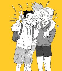 3boys :d ace_attorney aged_down annoyed backpack bad_id bad_twitter_id bag closed_eyes closed_mouth collared_shirt facing_viewer frown greyscale_with_colored_background grin hand_up highres hood hood_down hoodie inactive_account larry_butz long_sleeves looking_at_another looking_at_viewer male_focus miles_edgeworth multiple_boys open_mouth phoenix_wright shirt short_hair shorts smile spiked_hair standing sweatdrop sweater v v-shaped_eyebrows vivi95862484 yellow_background