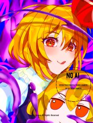 absurdres antennae ascot black_vest blonde_hair darkness fumo_(doll) hair_ribbon highres hirwannew outstretched_arms red_ascot red_eyes red_ribbon ribbon rumia short_hair spread_arms touhou vest