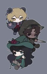 3boys animal_ears aqua_eyes bear_ears black_eyes black_hair blonde_hair brown_hair cape chibi claws closed_mouth e.g.o_(project_moon) full_body green_cape green_hat grey_background grey_jacket hat heathcliff_(project_moon) heterochromia hex_nail_(e.g.o) highres hong_lu_(project_moon) jacket lasso_(e.g.o) limbus_company long_hair looking_at_viewer multiple_boys neck_ribbon parted_bangs paw_sleeves project_moon purple_eyes red_ribbon ribbon salaboten simple_background sinclair_(project_moon) smile sunshower_(e.g.o) very_long_hair yellow_eyes