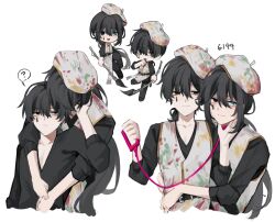 2boys ? apron arms_around_waist bags_under_eyes belt beret black_hair black_shirt blue_eyes chibi collarbone double-parted_bangs hair_between_eyes hand_on_another&#039;s_chin hand_on_another&#039;s_face hand_on_another&#039;s_waist hat heterochromia highres holding holding_leash holding_paintbrush hong_lu_(project_moon) hug hug_from_behind leash limbus_company long_hair long_sleeves looking_at_viewer multiple_boys multiple_views open_clothes open_shirt paintbrush project_moon ring_(identity)_(project_moon) shirt smile spoken_question_mark teardrop_facial_mark very_long_hair white_background wuzinan19 yi_sang_(project_moon)
