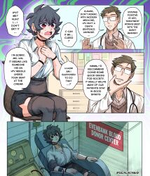 1boy 1girl absurdres armchair artist_name black_choker black_hair black_skirt black_thighhighs breasts brown_hair chair choker cleavage coat collarbone commentary crossed_bangs doctor double-parted_bangs earrings english_commentary english_text fang glasses hair_between_eyes hand_on_own_chin hands_on_own_chest hands_up high-waist_skirt highres intravenous_drip iv_stand jewelry kin_(senukin) musical_note open_mouth original own_hands_together raised_inner_eyebrows rectangular_eyewear red_eyes senukin shirt short_hair side_slit sitting skin_fang skirt sleeves_rolled_up speech_bubble stethoscope stethoscope_around_neck sweat talking thighhighs twitter_username white_coat white_shirt worried wristband