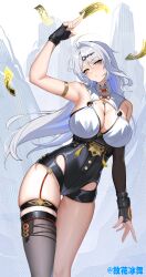 1girl absurdres asymmetrical_gloves black_gloves black_shorts breasts fingerless_gloves gloves guhuabingwu high-waist_shorts highres mole mole_on_breast mole_on_chest shorts single_hair_intake single_thighhigh solo thighhighs uneven_gloves white_hair yellow_eyes yi_xuan_(zenless_zone_zero) yin_yang_pin zenless_zone_zero