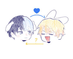 Rule 34 | 2boys, ?, animal ears, aoyagi touya, arrow (symbol), black hair, blonde hair, blue hair, closed eyes, commentary, english commentary, gradient hair, grey eyes, highres, kemonomimi mode, looking at another, lop rabbit ears, male focus, mole, mole under eye, multicolored hair, multiple boys, orange hair, pipi (m1x mix), project sekai, rabbit ears, relationship graph, short hair, simple background, split-color hair, tenma tsukasa, v-shaped eyebrows, white background