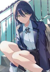 1girl black_hair black_skirt black_socks blue_jacket collared_shirt commentary dark-skinned_female dark_skin dress_shirt gundam gundam_gquuuuuux highres jacket long_hair mosuko nyaan_(gundam_gquuuuuux) on_stairs parted_lips pleated_skirt school_uniform shirt sitting sitting_on_stairs skirt socks solo stairs white_mouth white_shirt yellow_eyes