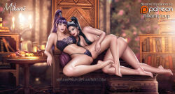 2girls artist_name barefoot bikini black_hair blue_eyes book bookshelf bra breasts candle chandelier commission curvy deviantart_username eyelashes feet food full_body garden hand_on_another&#039;s_thigh jewelry kneeling large_breasts lipstick living_room makeup mikamipinup multiple_girls nail_polish navel original panties patreon_username pointy_ears ponytail purple_hair sitting spread_legs swimsuit table thick_thighs thighs tiara underwear yuri