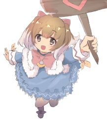 1girl animal_ears asaya_(cuteanacoppora) black_eyes blue_dress boots bow bow_alma brown_hair capelet dog_ears dog_girl dress emil_chronicle_online hair_bow highres holding holding_sign open_mouth red_ribbon ribbon sign standing standing_on_one_leg white_background
