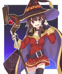 1girl asymmetrical_legwear bandaged_leg bandages bell belt black_belt black_cape black_gloves border brown_hair cape collarbone dress fingerless_gloves gloves gradient_background hat highres kono_subarashii_sekai_ni_shukufuku_wo! looking_at_viewer megumin neck_bell open_mouth outline outside_border red_dress red_eyes sidelocks solo staff sukuroot white_border white_outline witch_hat