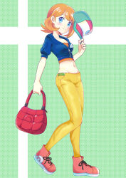 1girl alternate_costume asatsuki_(fgfff) bag blue_eyes blue_jacket closed_mouth collarbone commentary_request cropped_jacket full_body green_hat hat highres holding jacket midriff navel nintendo orange_hair orange_shirt pants pink_shoes pokemon pokemon_xy red_bag serena_(pokemon) shirt shoes short_hair smile solo standing yellow_pants zipper_pull_tab
