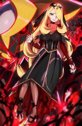 1girl absurdres black_dress black_footwear blonde_hair breasts brown_pantyhose choker commentary creatures_(company) cynthia_(pokemon) cynthia_(sygna_suit)_(renegade)_(pokemon) dress english_commentary game_freak gen_4_pokemon giratina grey_eyes hair_over_one_eye high_heels highres large_breasts legendary_pokemon lips long_hair long_sleeves looking_at_viewer nintendo official_alternate_costume one_eye_covered pantyhose pink_lips pokemon pokemon_(creature) pokemon_masters_ex red_eyes red_sleeves ryairyai sidelocks sleeves_past_wrists smile swept_bangs veil very_long_hair