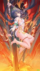 1girl armpit_crease ass atdan bare_shoulders black_hair bracelet breasts crown dress feet fire full_body gold grey_hair highres holding holding_weapon honkai:_star_rail honkai_(series) huge_weapon jewelry large_breasts light_blush looking_at_viewer nails revealing_clothes skirt soles sword weapon yellow_eyes yunli_(honkai:_star_rail)