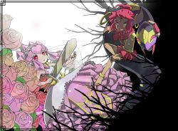 1boy 1girl anklet bad_id bad_pixiv_id barefoot den_776 detached_arm diancie dress earrings facial_mark flower forehead_mark gen_3_pokemon gen_6_pokemon green_eyes helmet holding holding_sword holding_weapon honedge hoopa hoopa_(confined) horns jewelry legendary_pokemon mythical_pokemon nintendo personification pink_dress pink_hair pokemon pokemon_(creature) red_eyes rose seviper sword weapon