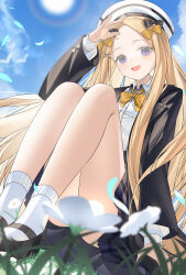 1girl abigail_williams_(fate) absurdres blonde_hair blue_eyes blue_sky chinese_commentary commentary_request convenient_censoring fate/grand_order fate_(series) flat_chest flower grass highres jacket long_hair looking_at_viewer mary_janes miyu10366 open_clothes open_jacket open_mouth outdoors parted_bangs school_uniform shoes sitting skirt sky smile solo sunlight very_long_hair
