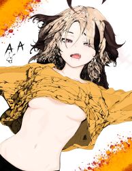 1girl absurdres ahoge argiope_art blonde_hair breasts brown_hair clothes_lift fang gigi_murin hashtag-only_commentary highres hololive hololive_english looking_at_viewer lying navel on_back open_mouth orange_shirt pink_eyes shirt shirt_lift small_breasts solo underboob virtual_youtuber