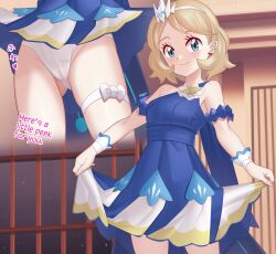 1girl aqua_eyes armlet blonde_hair blue_dress cameltoe closed_mouth clothes_lift commentary_request dress dress_flower dress_lift earrings english_text eyelashes flower gazing_eye hairband highres jewelry lifting_own_clothes looking_at_viewer medium_hair multiple_views nintendo official_alternate_costume panties pokemon pokemon_masters_ex serena_(champion)_(pokemon) serena_(pokemon) sleeveless sleeveless_dress smile swept_bangs thigh_strap underwear white_flower white_hairband white_panties wrist_cuffs
