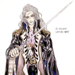 1boy bandana black_coat black_pants coat final_fantasy final_fantasy_vi highres holding holding_sword holding_weapon long_hair medal oju_(ouka) pants scar scar_across_eye scar_on_face setzer_gabbiani square_enix sword wavy_hair weapon white_hair