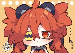 1girl :i ahoge animal_ears bear_ears beni_shake black_hairband blush brown_background chibi closed_mouth commentary_request empty_eyes fake_animal_ears hair_between_eyes hairband koleda_belobog long_hair looking_at_viewer red_eyes red_hair signature simple_background sleeveless solo translation_request twintails upper_body zenless_zone_zero