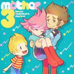 1girl 2boys artist_name bandana belt bike_shorts blonde_hair boots brown_hair closed_eyes copyright_name duster_(mother) facial_hair fingerless_gloves gloves hood hoodie kumatora looking_at_viewer lucas_(mother_3) messy_hair mother_(series) mother_3 multiple_boys nintendo one_eye_closed otoe_(milkyboy_inc.) pants pink_eyes pink_hair quiff rope_snake scratching short_hair shorts text_background