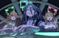 Rule 34 | 3girls, absurdres, animal ear headphones, animal ears, arcade cabinet, aris (blue archive), beatmania iidx, bemani, black hair, blonde hair, blue archive, blue eyes, blue halo, blue necktie, blush, cat ear headphones, clat (user gyxr7272), collared shirt, commentary request, fake animal ears, green eyes, green halo, grin, hair between eyes, halo, headphones, highres, long bangs, long hair, midori (blue archive), momoi (blue archive), multiple girls, necktie, o o, open mouth, pink halo, playing games, pointing, shirt, short hair, siblings, sisters, smile, upper body, v-shaped eyebrows, white shirt