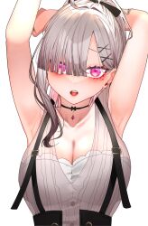 1girl absurdres ahoge arm_up armpits arms_up asymmetrical_bangs black_choker black_corset blush breasts choker cleavage corset dress embroidery eyes_visible_through_hair gomo hair_ornament hair_over_one_eye highres jewelry large_breasts long_hair looking_at_viewer mole mole_under_eye nijisanji open_mouth pendant_choker presenting_armpit see-through_clothes see-through_dress sukoya_kana sukoya_kana_(5th_costume) virtual_youtuber x x_hair_ornament