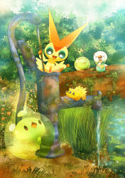 &gt;_&lt; blue_eyes duosion fangs faucet gen_5_pokemon grass happy joltik legendary_pokemon mythical_pokemon nintendo open_mouth oshawott outdoors pokemon pokemon_(creature) rust sitting solosis victini water yuurakusei