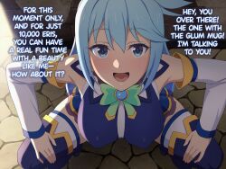 1girl aqua_(konosuba) blue_boots blue_eyes blue_hair blue_shirt blue_skirt boots breasts covered_erect_nipples detached_sleeves english_text from_above highres kono_subarashii_sekai_ni_shukufuku_wo! large_breasts large_variant_set long_hair looking_at_viewer open_mouth outdoors prostitution shirt skirt smile solo squatting tedain thigh_boots thighhighs variant_set white_sleeves white_thighhighs