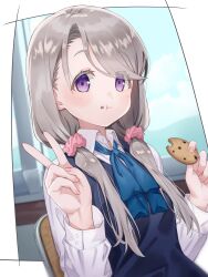 1girl absurdres blue_ribbon buttoned_cuffs buttons chair collared_shirt commentary cookie crumbs eating eyes_visible_through_hair fingernails food food_on_face grey_hair hair_ornament hair_over_one_eye hair_over_shoulder hair_scrunchie highres holding holding_food indoors light_blush long_hair long_sleeves looking_at_viewer low_twintails minato0683 mono_(afro) neck_ribbon pink_scrunchie purple_eyes ribbon school_chair school_uniform scrunchie shikishima_sakurako shirt solo sweater_vest twintails v white_shirt window