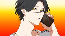 1boy black_hair commentary_request gradient_background hair_between_eyes hand_up highres holding holding_phone iwnm0313 looking_at_viewer male_focus meguriya_ayumu netsu_ijou_(utau) orange_background parted_lips phone shirt short_hair solo toshi_densetsu_kaitai_center upper_body white_shirt yellow_eyes