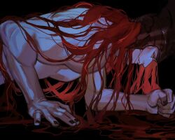 Rule 34 | 1boy, absurdly long hair, arm support, black background, clenched hand, commentary, elden ring, elden ring: shadow of the erdtree, english commentary, fingernails, helm, helmet, highres, long hair, looking at viewer, male focus, messmer the impaler, muscular, muscular male, nude, parted lips, pectorals, profile, red hair, sidepec, solo, twistedfei, upper body, very long hair, yellow eyes
