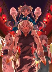 4girls absurdres ahoge alternate_costume blue_eyes blue_kimono brown_eyes candy_apple corn_dog cotton_candy dark-skinned_female dark_skin festival floral_print flower food fried_squid glasses green_kimono grey_eyes grey_hair hair_flower hair_ornament hair_over_one_eye hamakaze_(kancolle) hamakaze_(yukata)_(kancolle) highres japanese_clothes kantai_collection kasumi_(kancolle) kimono kiyoshimo_(kancolle) lantern looking_at_viewer multiple_girls musashi_(kancolle) night night_sky official_alternate_costume open_mouth short_hair side_ponytail sky teeth tsuji_kazuho twintails upper_teeth_only yukata