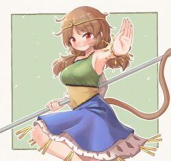 1girl arinu armpits blue_dress blush border bracelet breasts brown_hair circlet closed_mouth commentary covered_navel cowboy_shot detached_sleeves dress gold_circlet green_background green_dress green_nails highres holding jewelry large_breasts long_hair looking_at_viewer low_twintails monkey_tail multicolored_dress nail_polish outline outside_border outstretched_arm red_eyes single-shoulder_dress single_detached_sleeve smile solo son_biten tail touhou twintails white_background white_border white_outline white_sleeves yellow_dress