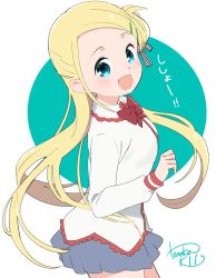 Rule 34 | 1girl, :d, blonde hair, blue eyes, blush, bow, collared shirt, commentary request, dress shirt, female focus, from side, green background, hair ornament, hairpin, highres, hitoribocchi no marumaru seikatsu, long hair, looking at viewer, open mouth, red bow, school uniform, shirt, signature, skirt, smile, solo, sotoka rakita, standing, tanaka kii, two-tone background, very long hair, white background, white shirt