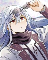 Rule 34 | 1boy, black scarf, commentary request, earrings, frown, glasses, hair between eyes, holding, holding removed eyewear, ichinose kazuma, jacket, jewelry, kinococcos, long hair, looking ahead, male focus, red eyes, scarf, solo, tribe nine, twitter username, unworn eyewear, upper body, white hair, white jacket