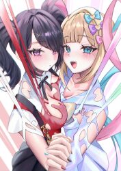 2girls ame-chan_(needy_girl_overdose) angel_setsuna bad_id bad_pixiv_id black_hair black_nails black_ribbon blonde_hair blue_bow blue_eyes blue_hair blue_nails blush bow chouzetsusaikawa_tenshi-chan closed_mouth hair_bow hair_over_one_eye holding_hands long_hair looking_at_viewer multicolored_hair multicolored_nails multiple_girls needy_girl_overdose open_mouth pink_bow pink_hair purple_bow purple_eyes red_nails red_shirt ribbon shirt sidelocks teeth torn_clothes torn_shirt twintails upper_teeth_only white_shirt