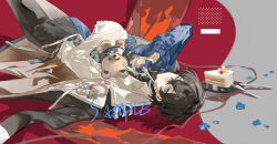 Rule 34 | 1boy, black hair, blue eyes, blue flower, cake, cake slice, flower, food, fork, gloves, hair between eyes, highres, holding, hugging object, jacket, long sleeves, looking at viewer, lying, male focus, on back, open clothes, open jacket, original, pants, qyzhiaiyisheng, shirt, short hair, solo, stuffed animal, stuffed toy, teddy bear