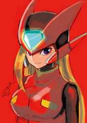 1girl android bliss_zero_(mega_man) blonde_hair breasts capcom dated female_focus genderswap genderswap_(mtf) helmet highres light_smile long_hair looking_at_viewer medium_breasts mega_man_(series) mega_man_zero_(series) midnight_bliss portrait purple_eyes red_background red_theme signature simple_background sketch smile solo sumomo zero(z)_(mega_man) zero_(mega_man)