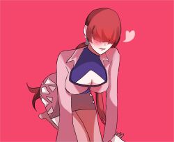 1girl bend bent_over breasts cleavage_cutout clothing_cutout curvy earrings female_focus fishnets heart huge_breasts jacket jewelry king_bbi07 large_breasts long_hair long_sleeves pale_skin ponytail red_hair shermie_(kof) smile the_king_of_fighters thick_thighs thighs twintails wide_hips