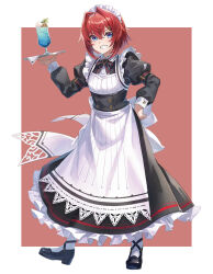 1girl a-er_(akkij0358) alternate_costume ange_katrina apron arm_strap black_bow black_bowtie black_dress black_shoes blue_eyes border bow bowtie brown_background collared_dress commentary_request crossed_bangs cup dress drinking_glass enmaided food frilled_dress frills full_body grin hair_between_eyes hair_intakes hand_on_own_hip hand_up holding holding_tray hurricane_glass ice_cream ice_cream_float juliet_sleeves light_blush long_dress long_sleeves looking_at_viewer maid maid_apron maid_headdress mandragora_(ange_katrina) mary_janes medium_hair nijisanji outside_border puffy_sleeves red_hair shoes simple_background sleeve_cuffs smile socks solo_focus standing tray virtual_youtuber white_apron white_border white_headdress white_socks