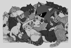 1boy absurdres animal animal_ears artist_name border by_almaz cat cat_ears cat_tail closed_mouth commentary english_commentary fur grass greyscale hands_up hedgehog highres looking_at_another looking_at_viewer looking_to_the_side lying metal_sonic monochrome on_back on_stomach outside_border robot simple_background sitting sitting_on_person sonic_(series) star_(symbol) tail