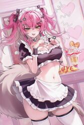 1girl absurdres alternate_costume anger_vein apron bikini black_bikini black_ribbon black_skirt blush breasts brown_eyes commentary enmaided hair_ribbon highres large_breasts long_hair lupa_(wuthering_waves) maid navel open_mouth pink_hair ribbon skirt smile solo stomach swimsuit tail thighhighs twintails white_apron white_thighhighs wolf_tail wuthering_waves zije