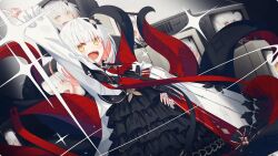 1girl :d arm_up colored_inner_hair dress dutch_angle first_stage_production four-pointed_star highres kamiyori_shihai long_sleeves looking_at_viewer multicolored_hair nagishiro_mito official_art open_mouth orange_hair puffy_long_sleeves puffy_sleeves sharp_teeth smile solo tassel teeth television tongue two-tone_hair upper_teeth_only virtual_youtuber white_hair yellow_eyes