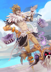 2boys abs animal_print beard black_cape blonde_hair blue_sky book brown_pants building cape cenjun9 chain chinese_commentary cloud commentary_request cosplay day elder_(ragnarok_online) facial_hair full_body fur_collar grey_shoes junkrat_(overwatch) leopard_print looking_at_viewer male_focus multiple_boys open_mouth outdoors overwatch pants ragnarok_online rideword_(ragnarok_online) shadow_chaser_(ragnarok_online) shadow_chaser_(ragnarok_online)_(cosplay) shoes short_hair shrug_(clothing) sky smile solo_focus waist_cape