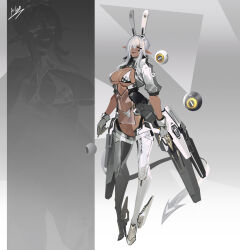 1girl animal_ears bikini boots breasts dark-skinned_female dark_elf dark_skin elf fake_animal_ears full_body gloves grey_background high_collar highres large_breasts long_pointy_ears medium_hair original pelvic_curtain pointy_ears rabbit_ears see-through_clothes see-through_pelvic_curtain short_sleeves simple_background smjim1986 solo swimsuit thigh_boots white_bikini white_gloves white_hair