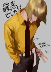 1boy ajuji_aju black_necktie bleach blonde_hair blunt_bangs blunt_ends bob_cut from_above grey_background hand_in_pocket highres hirako_shinji long_sleeves looking_at_viewer male_focus necktie short_hair simple_background solo square-end_necktie teeth translation_request v yellow_eyes