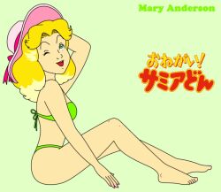aged_down bikini blonde_hair green_eyes hat hat_ribbon japanese_text mary_anderson nail_polish one_eye_closed onegai!_samia_don ribbon swimsuit wink